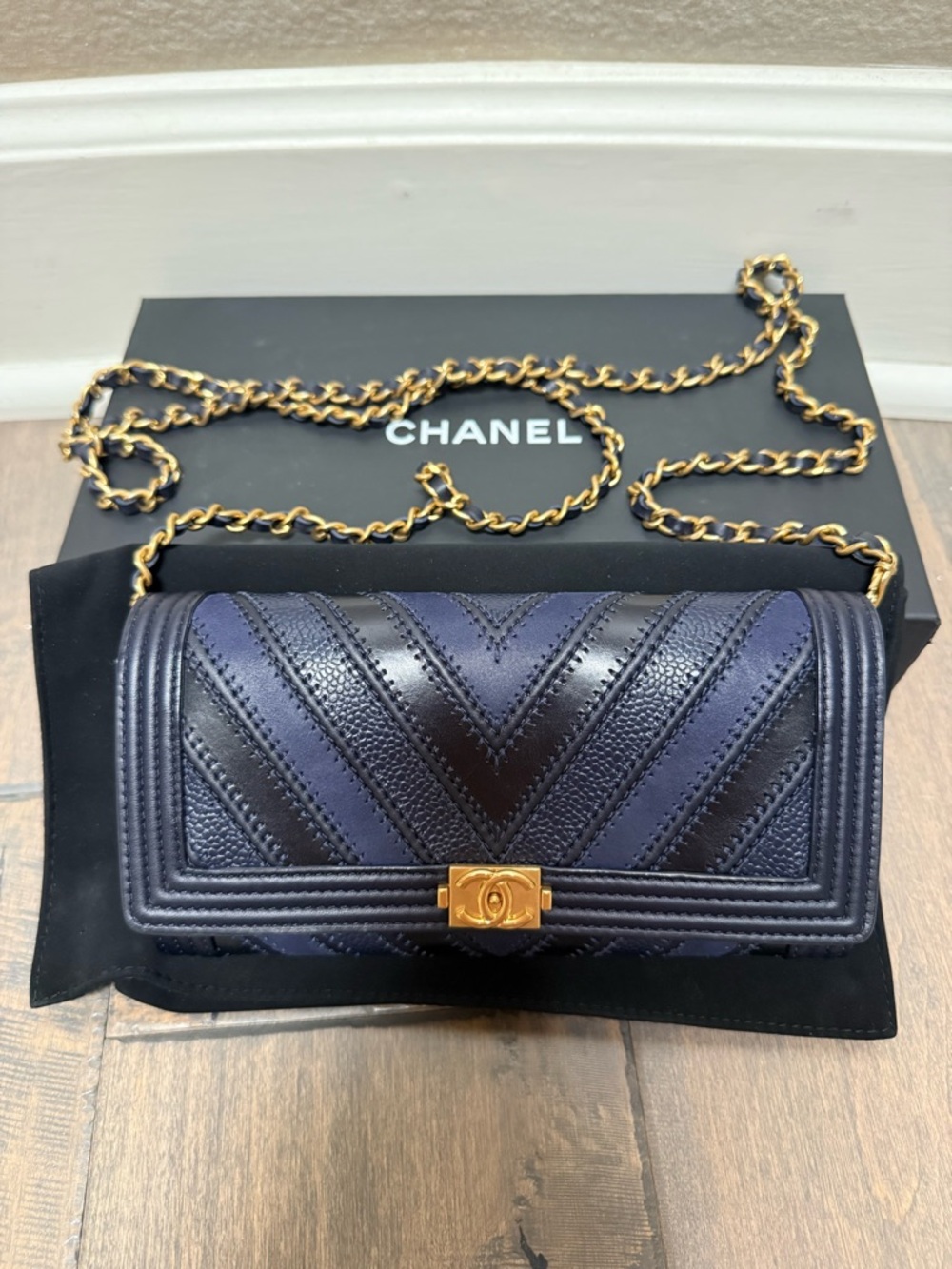 CHANEL Navy Chevron Quilted Leather Wallet on Chain with Gold CC Snap Lock